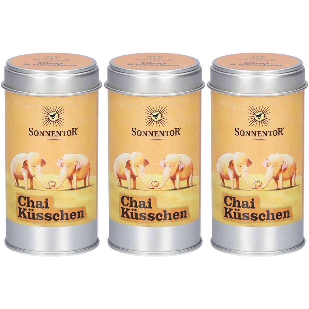 Trois boîtes rondes en métal avec couvercles. Inscription Sonnentor et Chai Küsschen. Illustration de deux éléphants.