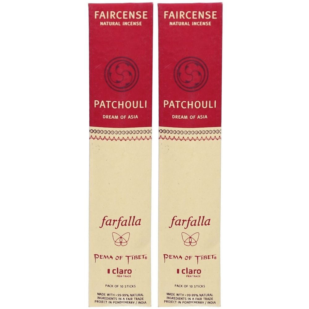 Deux paquets d'encens. Emballage rouge et crème avec texte : Faircense, Patchouli, Farfalla, Pema of Tibet, claro.
