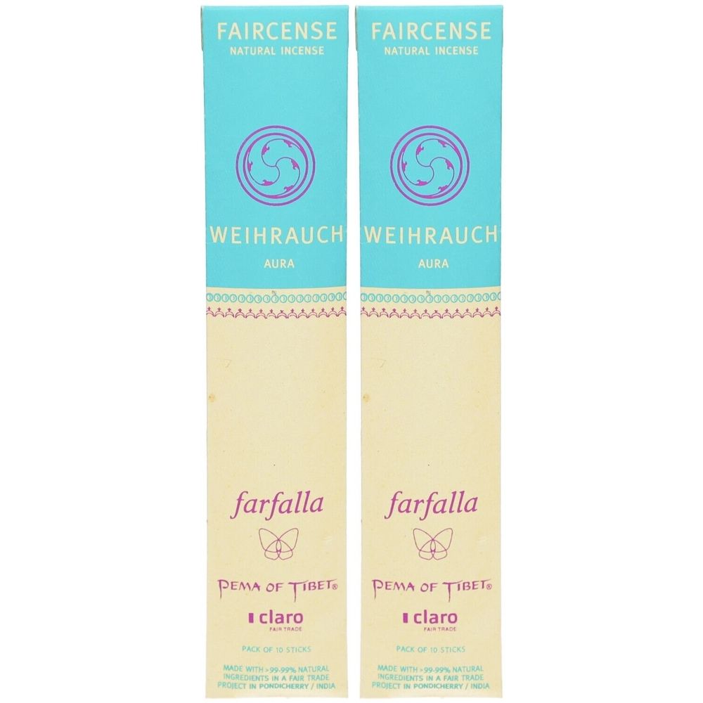 Zwei Packungen Räucherstäbchen. Aufschrift: Faircense, Weihrauch Aura, Farfalla, Pema of Tibet, claro. Türkis, beige und rosa Farben.