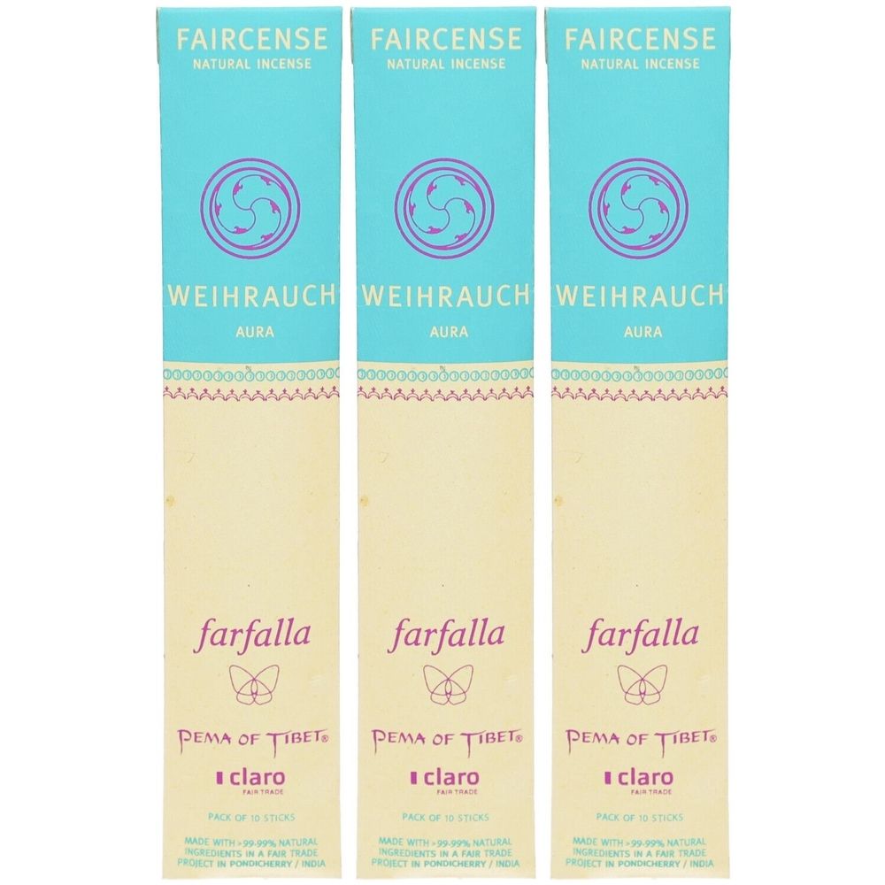 Drei Packungen Räucherstäbchen. Aufschrift: Faircense, Weihrauch Aura, Farfalla, Pema of Tibet, claro. Türkis, beige und rosa.