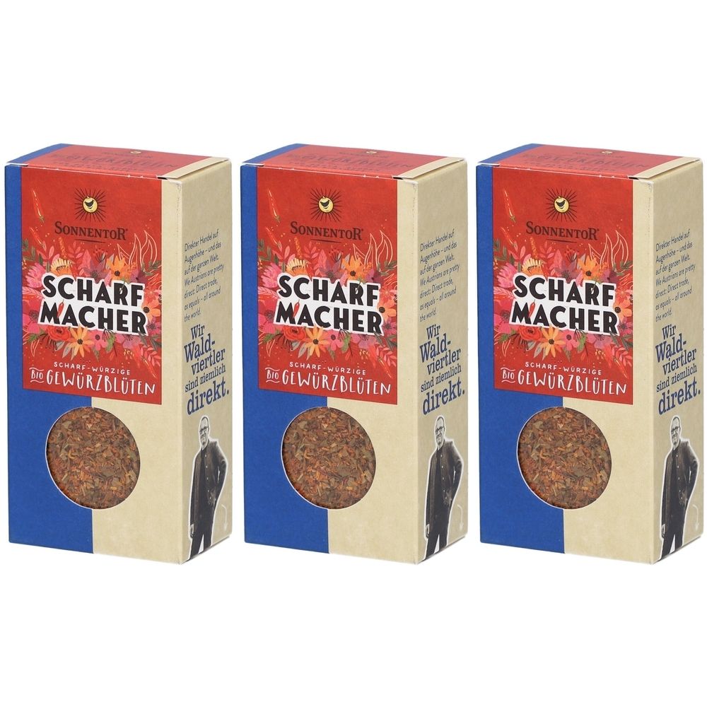 Trois emballages rectangulaires. Inscription "SCHARF MACHER" et "GEWÜRZBLÜTEN". Logo "SONNENTOR". Ouverture ronde avec contenu.