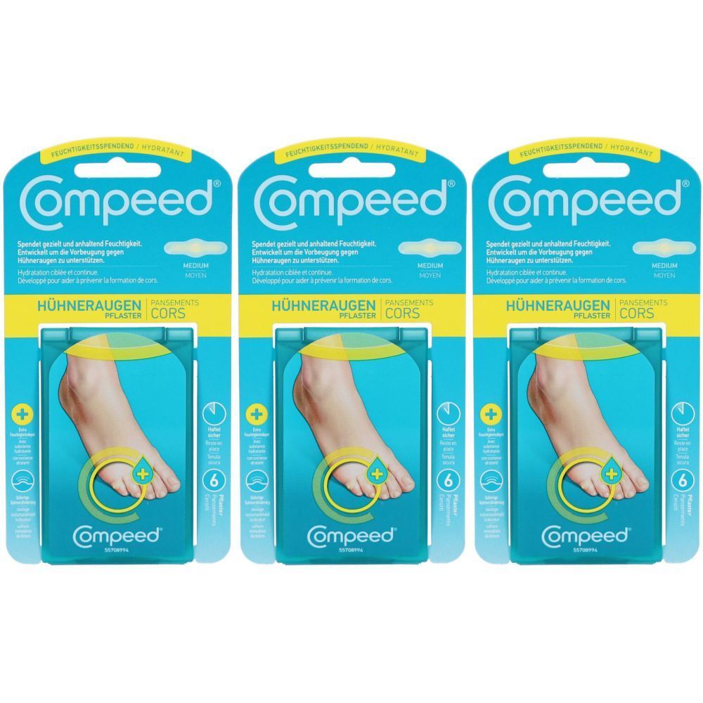 Trois emballages de Compeed pour cors. Chaque emballage montre un pied avec un pansement. Emballage bleu et jaune.