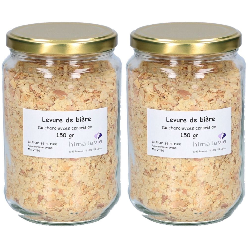 Deux pots de levure de bière. Étiquette avec nom, type et poids du produit. Couvercle doré. Marque : hima la vie.