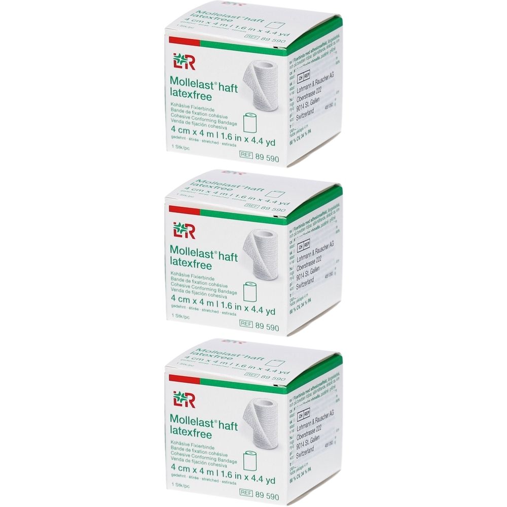 Trois boîtes blanches rectangulaires. Inscription : 'Mollelast haft latexfree', 4 cm x 4 m. Emballage vert et blanc avec image du produit.