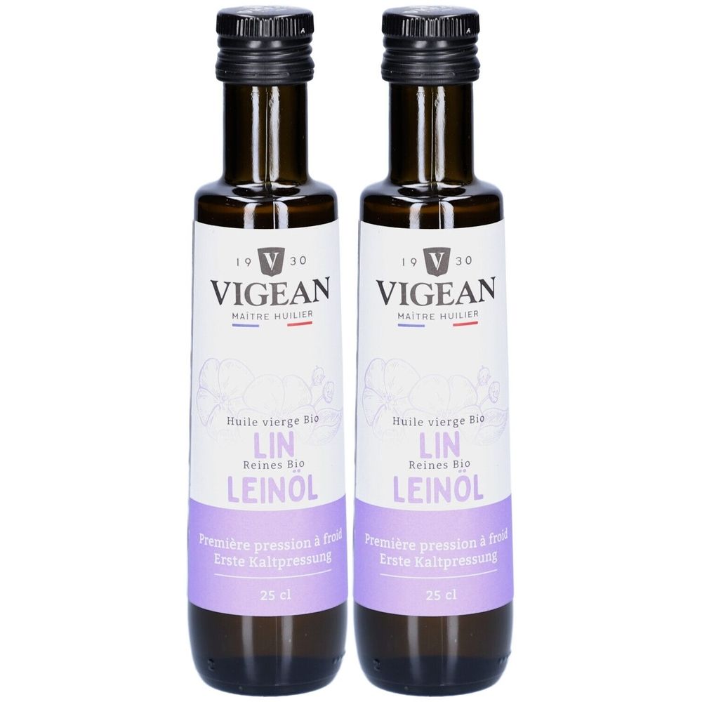 Zwei Flaschen VIGEAN Bio-Leinöl. Braune Glasflaschen mit schwarzem Verschluss und Etikett. Aufschrift: Leinöl, 25 cl.