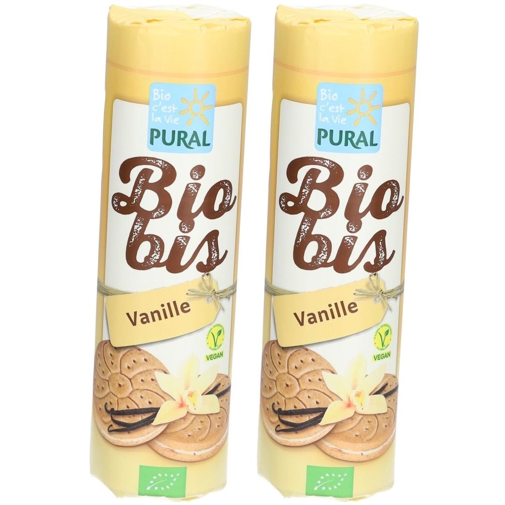 Deux emballages cylindriques avec l'inscription "Bio bis Vanille". Label végan et certification bio. Illustration de biscuits et de vanille.