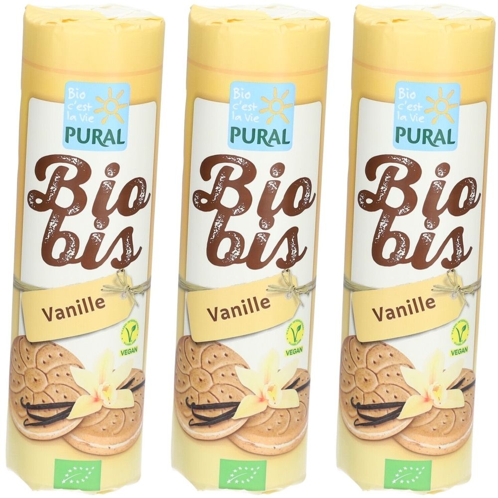 Trois paquets de biscuits bio à la vanille. Inscription : PURAL Bio bis. Avec image de vanille et label végétalien.