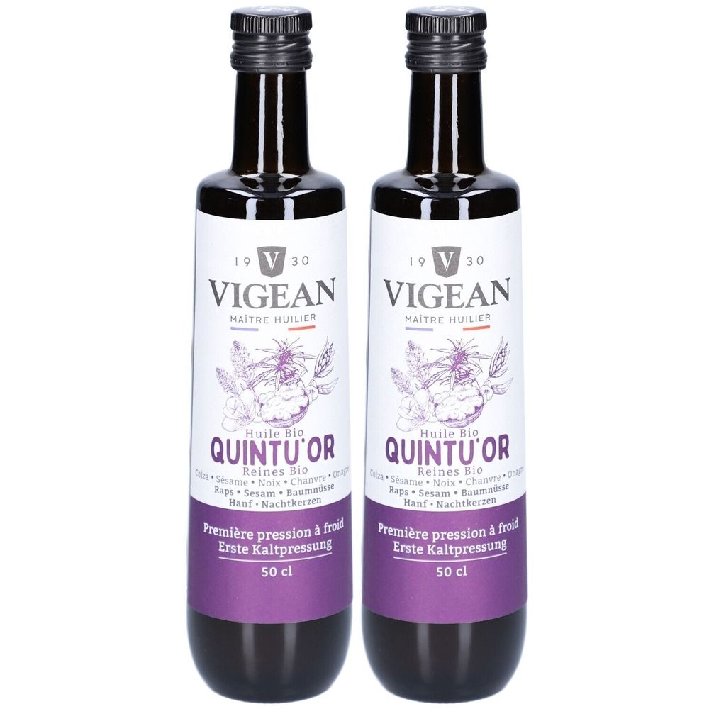 Deux bouteilles avec étiquettes. Inscription: Vigean, Quintu'or, Huile Bio. Bande violette. Bouchon noir.