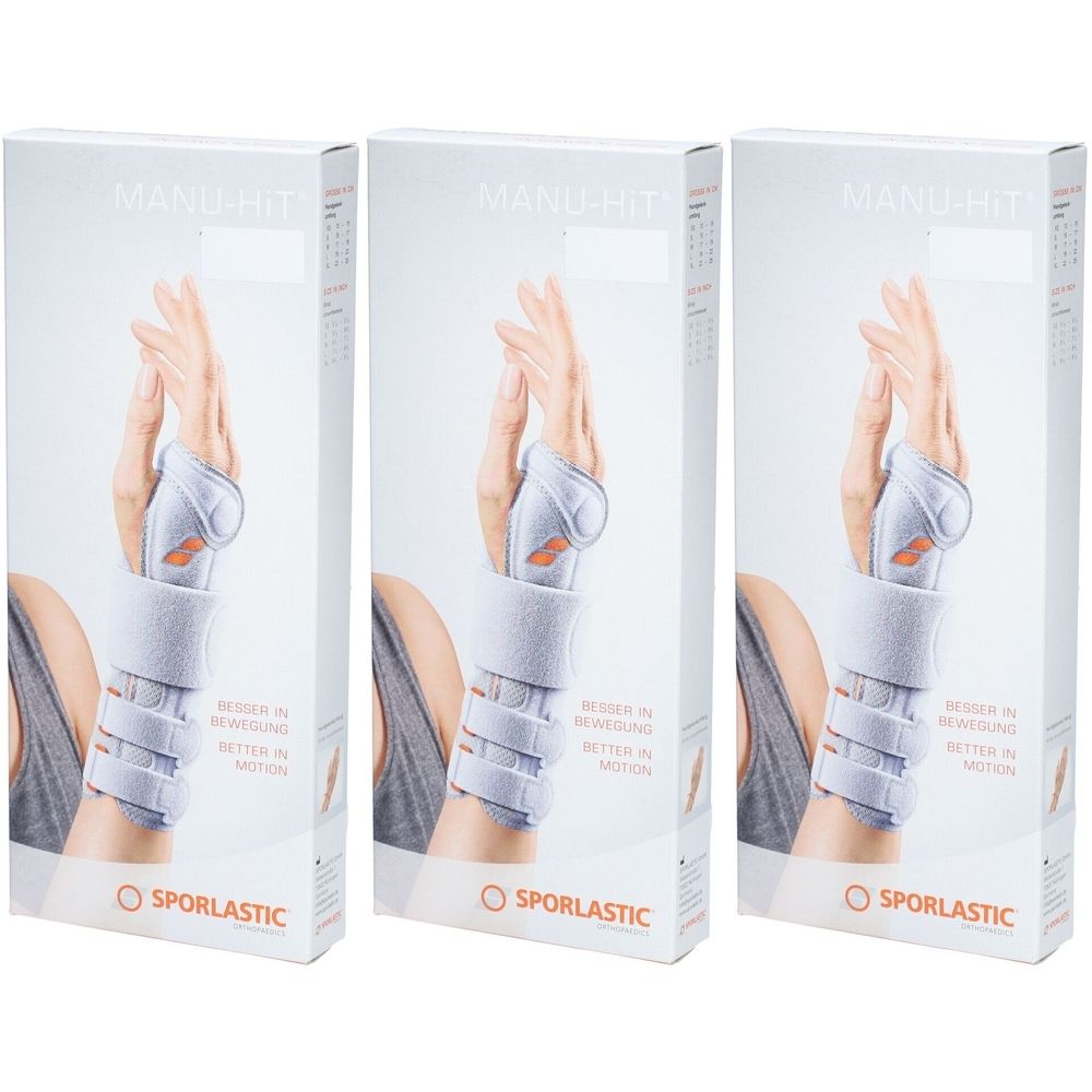 Drei Produktverpackungen. Auf jeder Verpackung ist eine Handgelenkbandage abgebildet. Der Schriftzug MANU-HIT ist sichtbar.