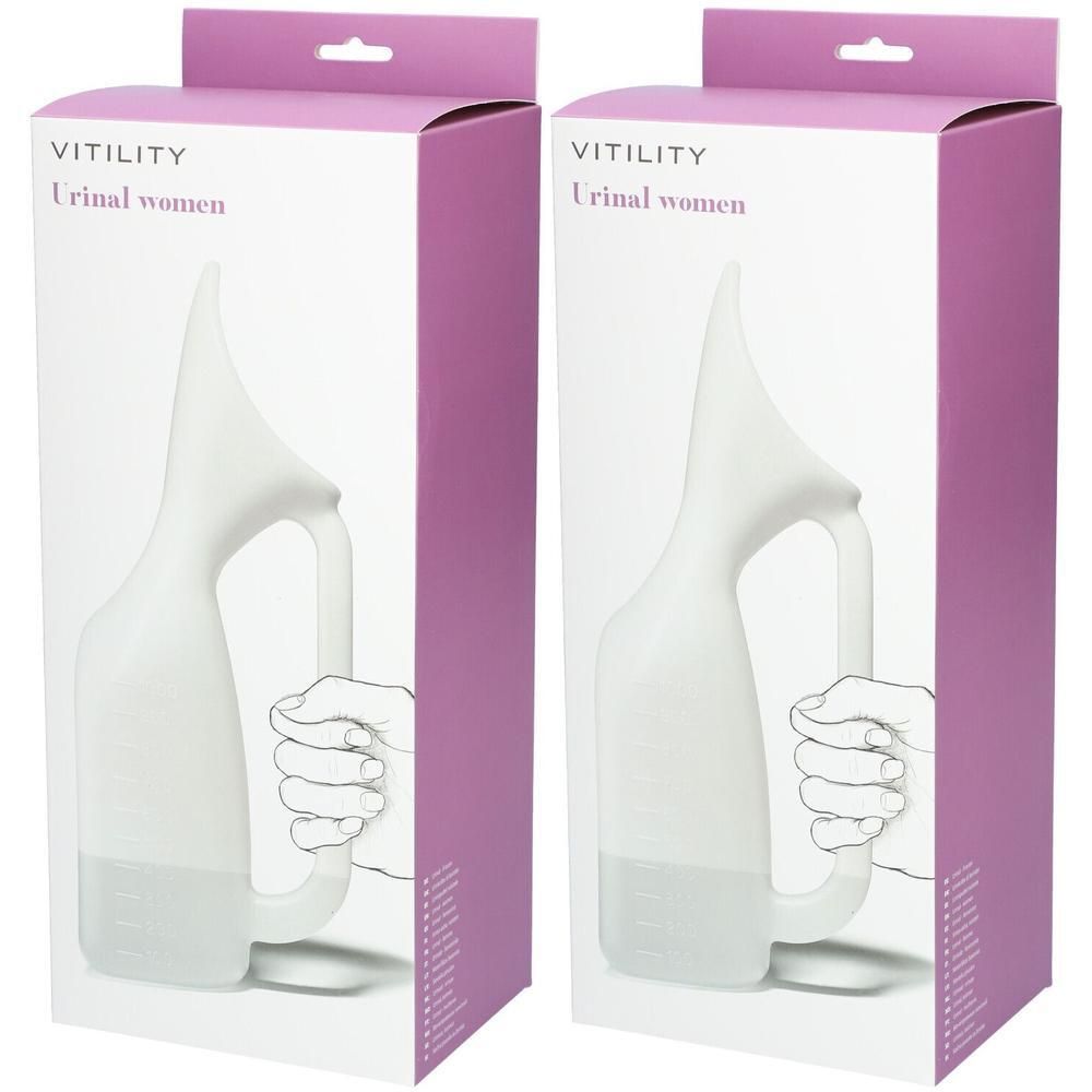 Deux urinoirs Vitility pour femmes dans leur emballage. Plastique blanc avec poignée et échelle de mesure.
