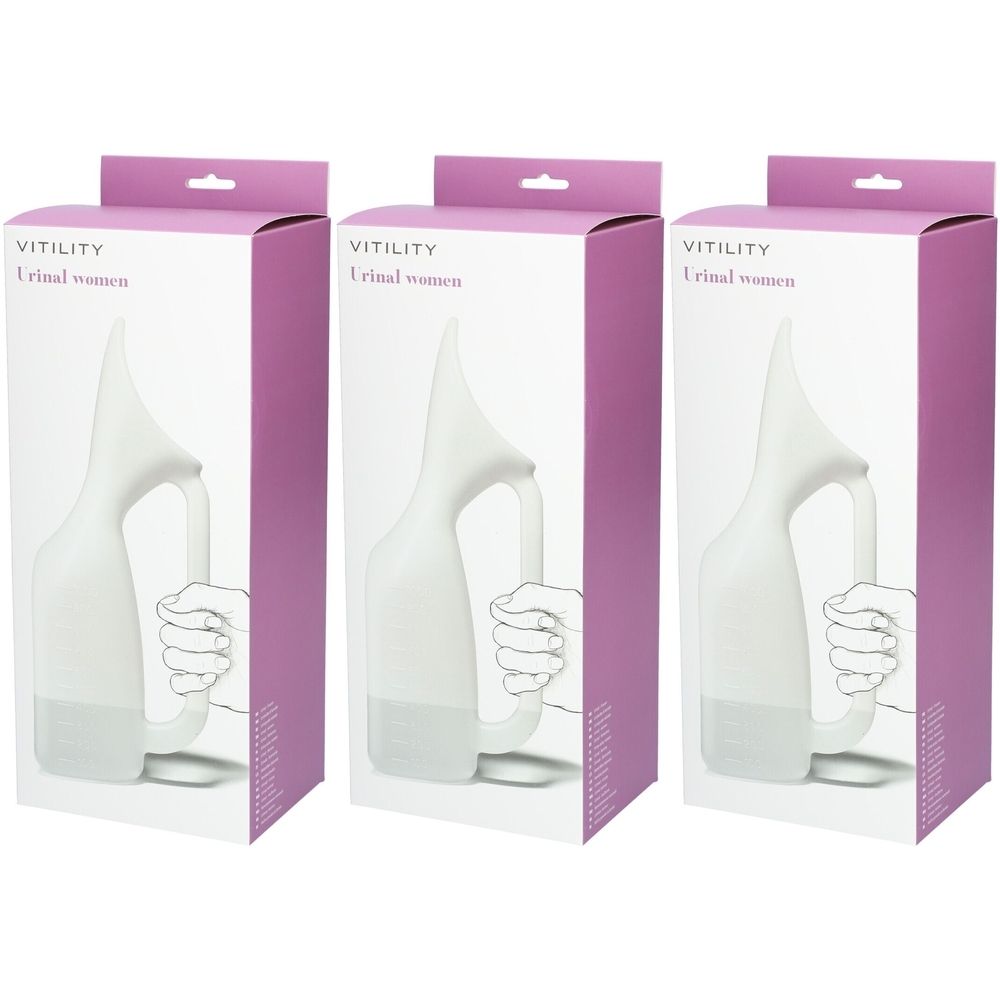 Trois boîtes de VITILITY Urinal Amos Frau. Chaque boîte présente un urinoir blanc avec une poignée, représenté dans une main, sur fond blanc.