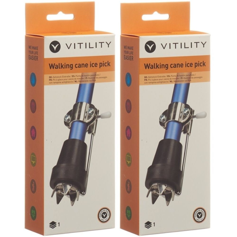 Zwei Verpackungen mit einem Gehhilfen-Eis-Pickel. Die Verpackungen zeigen den Produktnamen VITILITY und den Text "Walking cane ice pick".