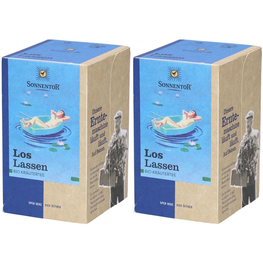 Zwei rechteckige Kartons. Auf blauem Grund steht "Los Lassen BIO Kräutertee" und das Logo von SONNENTOR. Aufdruck mit Person im Wasser.