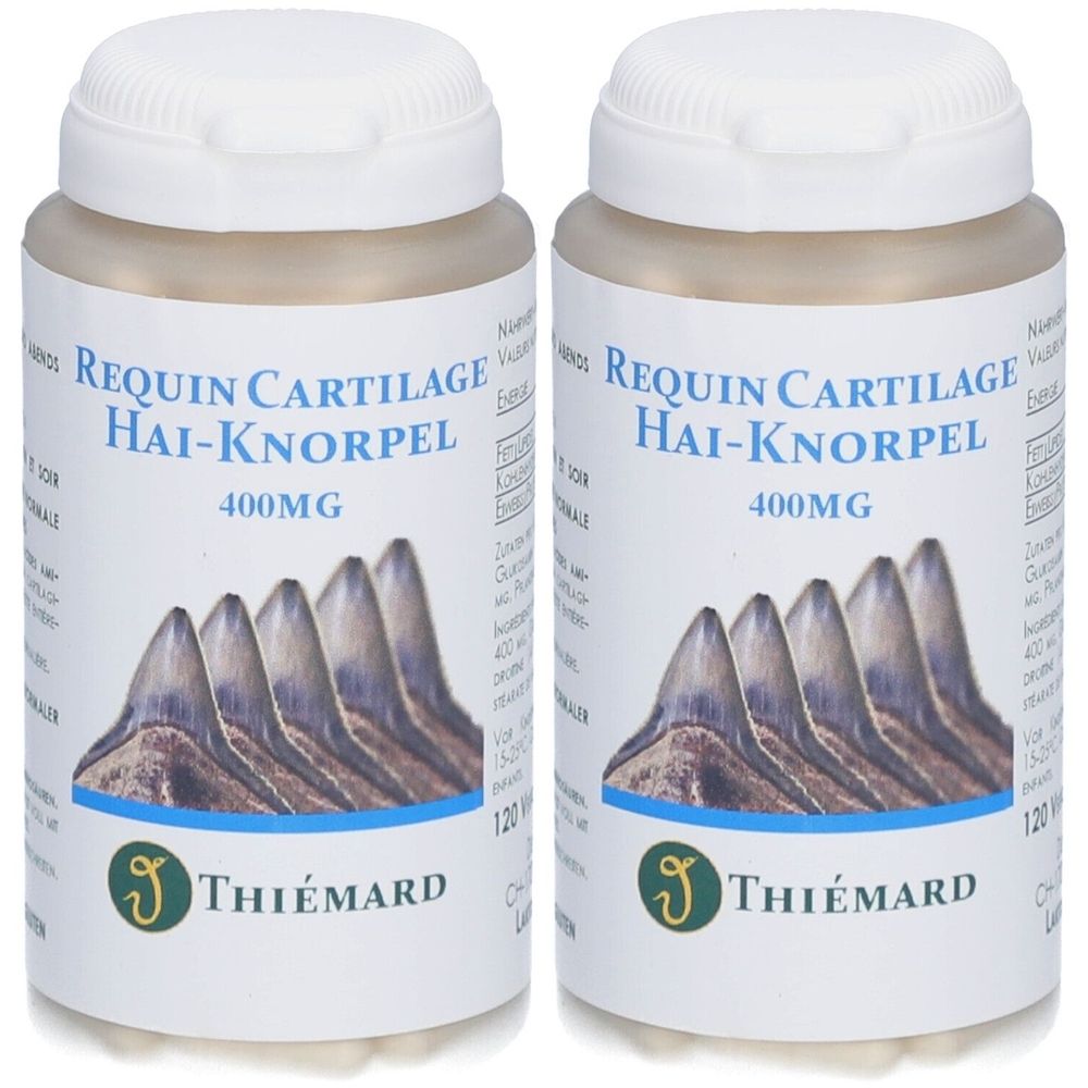 Deux flacons blancs avec couvercles blancs. Inscription: Requin Cartilage Hai-Knorpel 400MG. Logo: Thiemard. Image de dents.