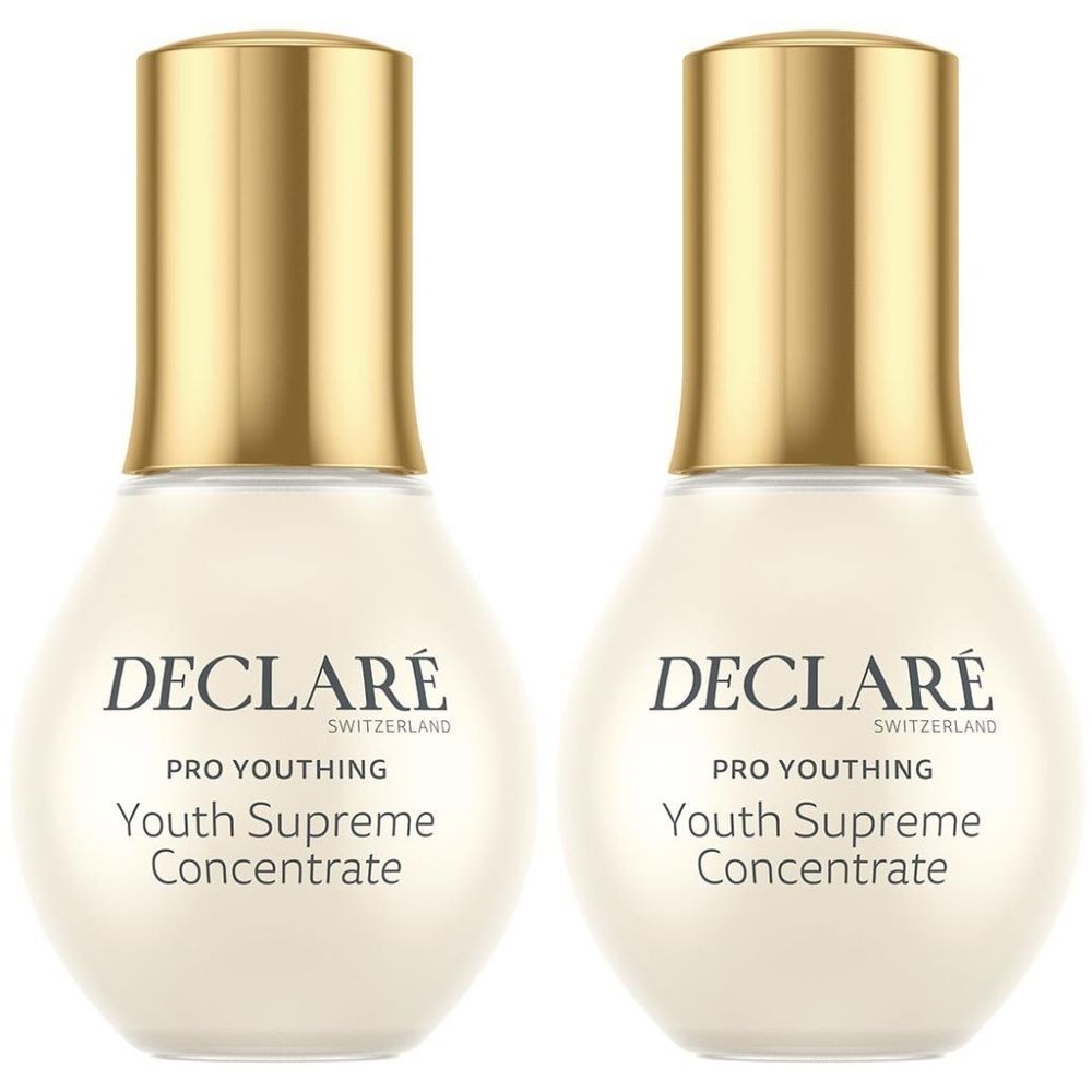 Deux flacons avec bouchons dorés. Sur les flacons, on peut lire "DECLARE SWITZERLAND PRO YOUTHIN Youth Supreme Concentrate".