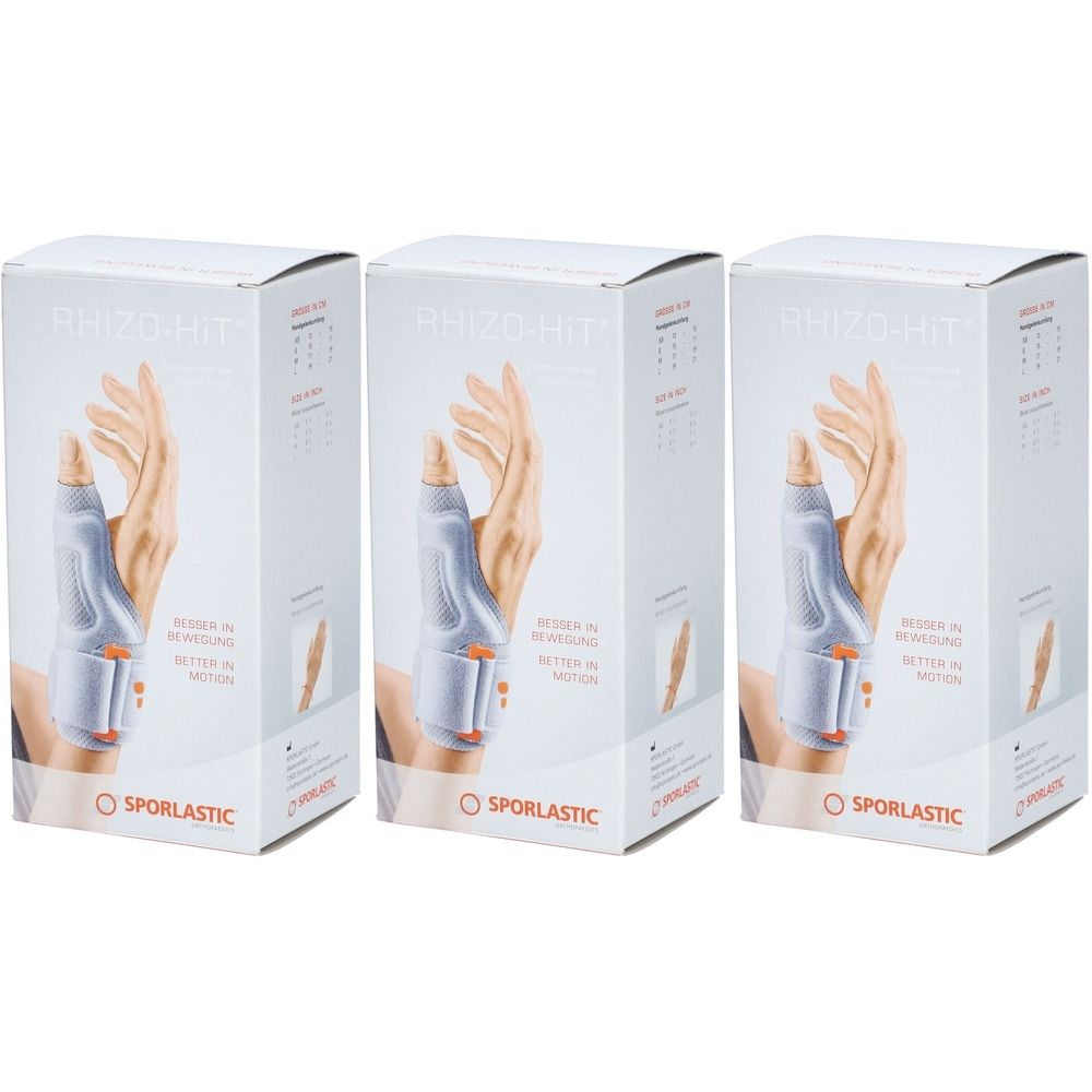 Trois boîtes de produit. Chaque boîte montre une main avec une orthèse de pouce. Le nom de la marque est Sporlastic.