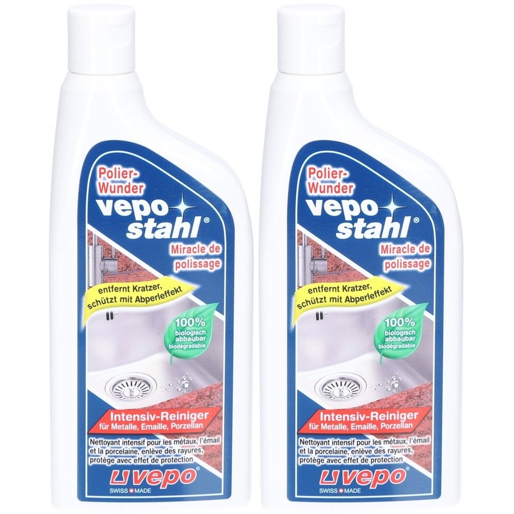 Deux flacons blancs avec étiquettes bleues. Inscription: Polier-Wunder vepo stahl, Intensiv-Reiniger. Contient des logos et du texte.