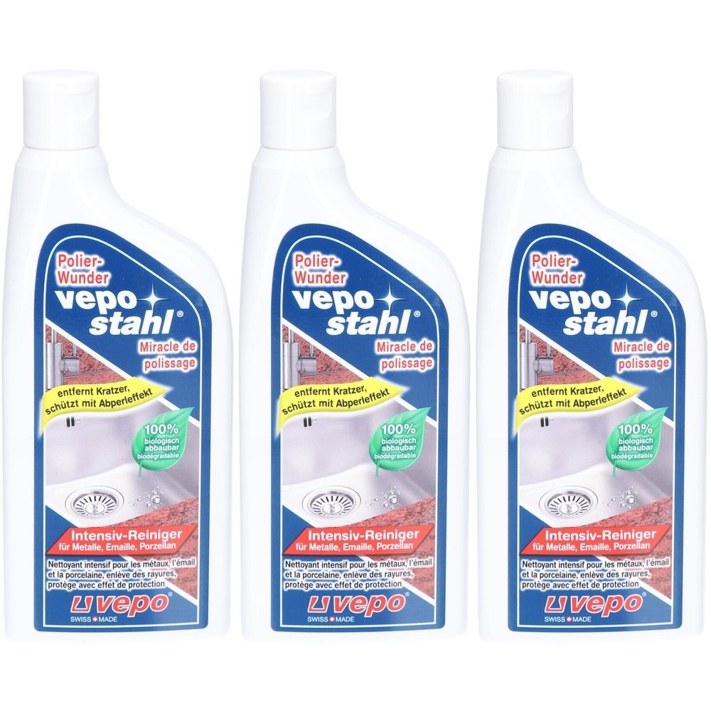 Trois flacons de Vepostahl® Intensivreiniger. Flacons blancs avec étiquettes bleues. Texte: Polier-Wunder, Miracle de polissage, Intensiv-Reiniger.