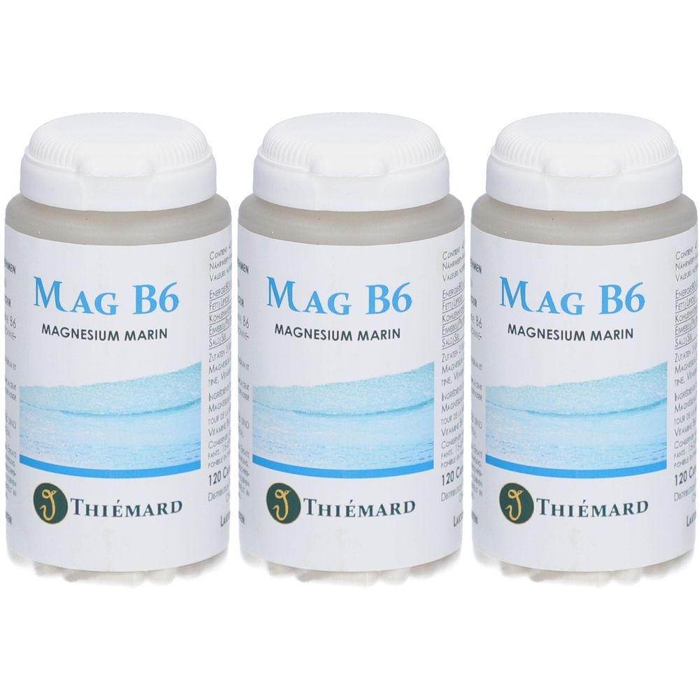 Trois flacons de Mag B6 Magnesium Marin. Bouchons blancs, contenants gris clair, vagues bleues, texte. Marque : THIÉMARD.