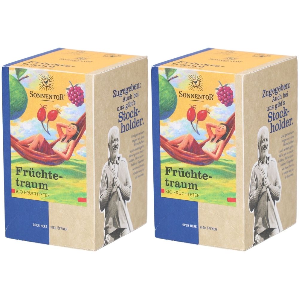 Zwei rechteckige Kartons. Aufdruck: SONNENTOR, Früchtetraum, Bio-Früchtetee. Illustration: Frau in Hängematte, Früchte. Text: Stockholder.