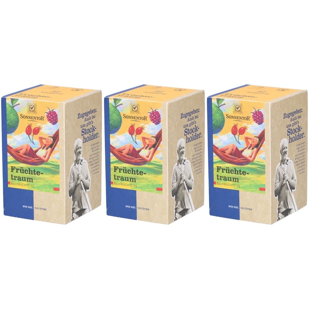 Drei rechteckige Kartons. Aufdruck: SONNENTOR, Früchtetraum, Frau in Hängematte, Himbeeren, Mann. Blaue und gelbe Farbakzente.
