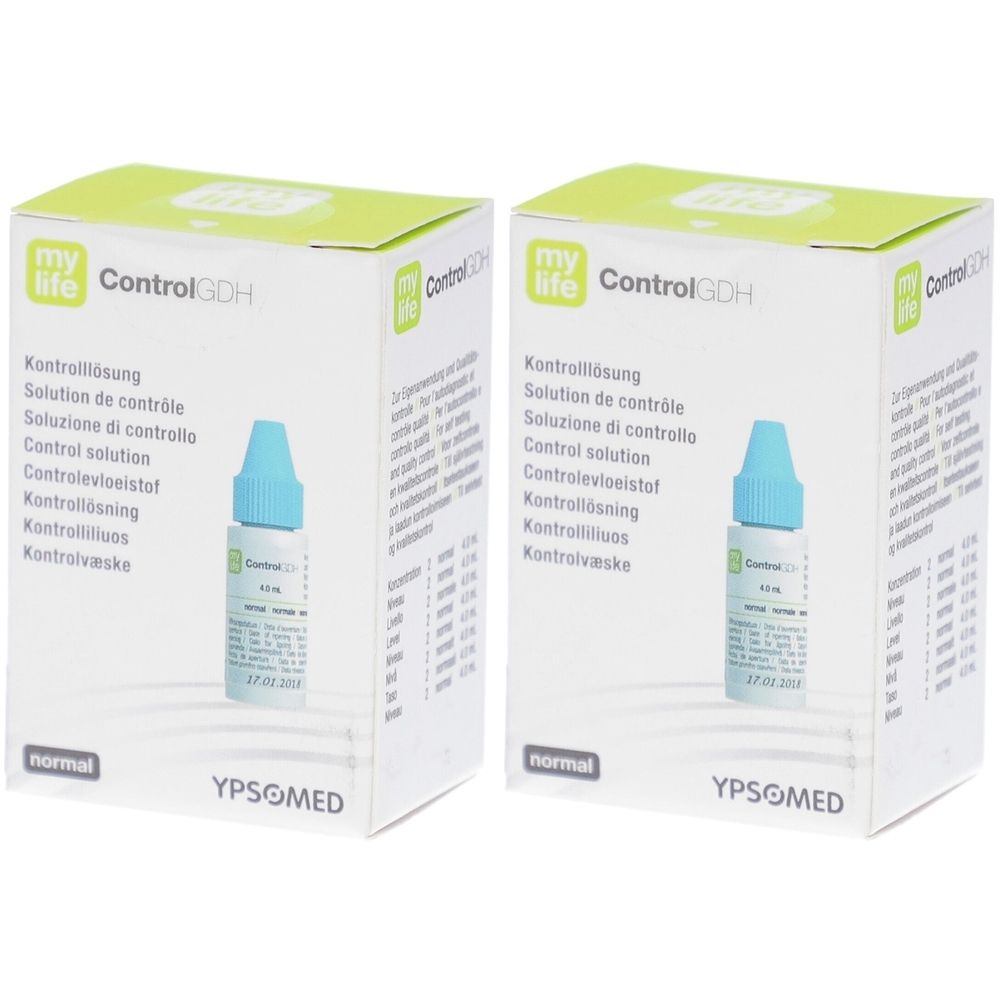 Deux boîtes avec flacons. Inscription: mylife Control GDH. Flacons avec bouchon bleu. Inscription: Solution de contrôle.
