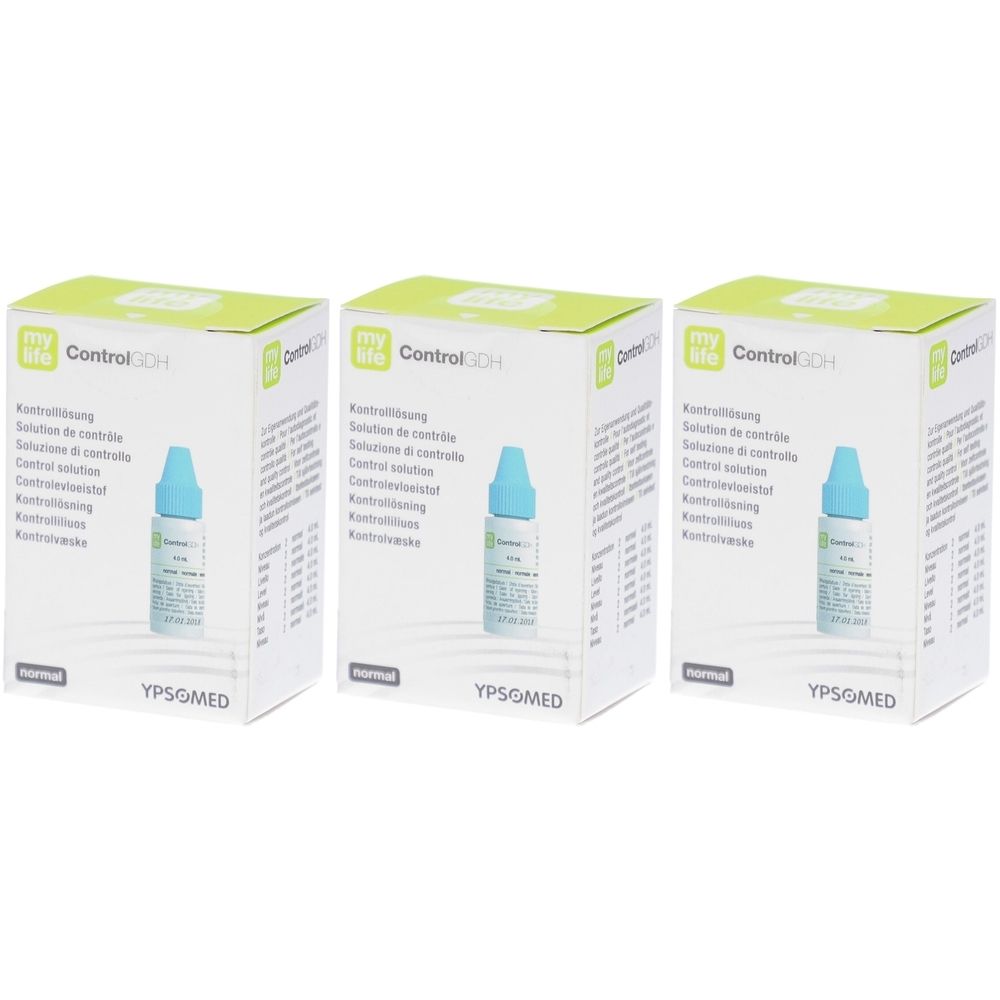 Trois boîtes avec flacons. Sur les boîtes, "Control GDH". Flacons avec bouchon bleu. Logo YPSOMED.