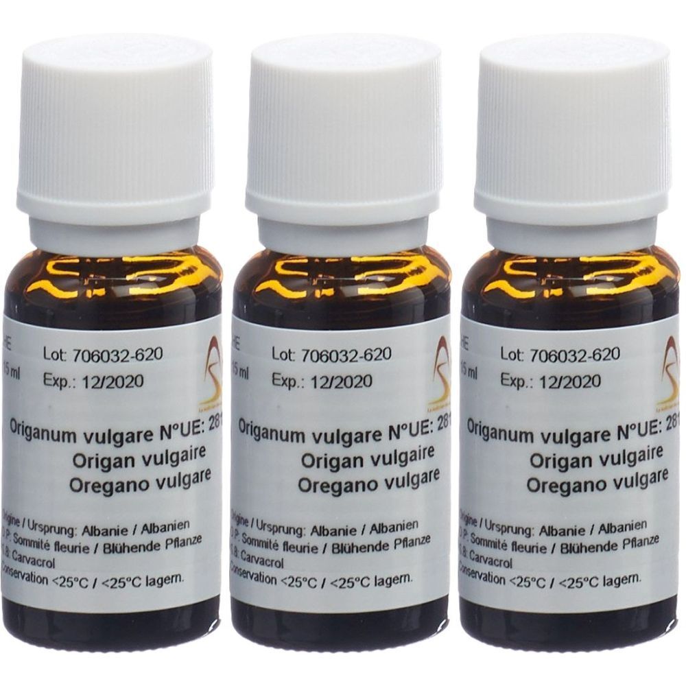 Trois flacons en verre brun avec des bouchons blancs. Étiquettes avec "Origanum vulgare" et "Oregano vulgare". Expiration 12/2020.