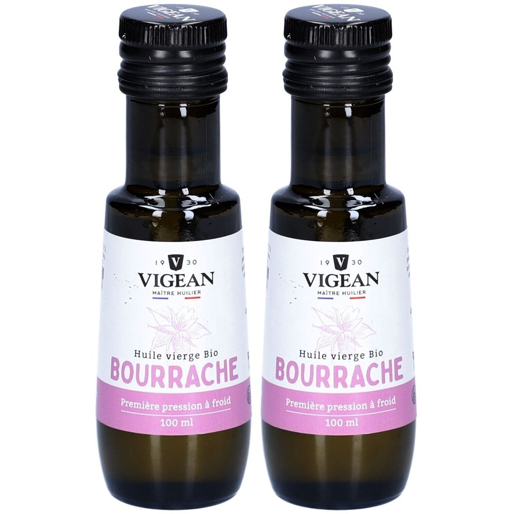 Deux flacons d'huile de bourrache bio VIGEAN. Bouteilles en verre brun avec bouchon noir et étiquette blanche avec texte rose.