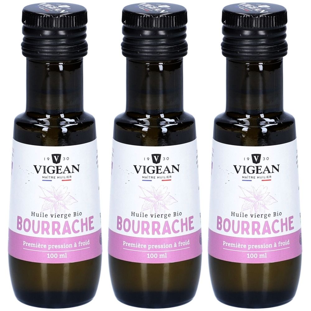 Trois flacons d'huile de bourrache bio. Bouteilles en verre brun avec bouchon noir et étiquette. Inscription : VIGEAN, Bourrache, 100 ml.