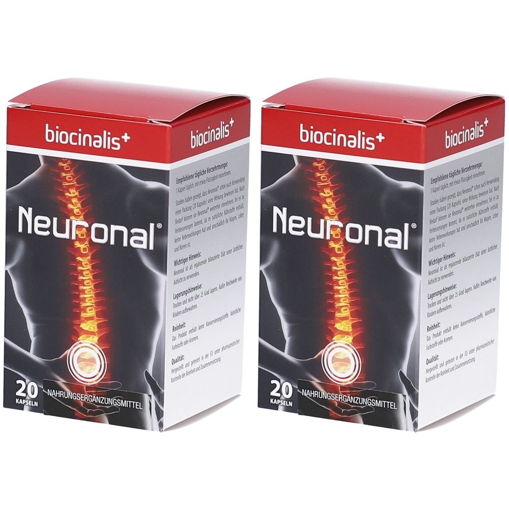 Deux boîtes de Biocinalis Neuronal. Couvercles rouges, corps blancs. Inscription: Neuronal, 20 gélules. Illustration: colonne vertébrale.
