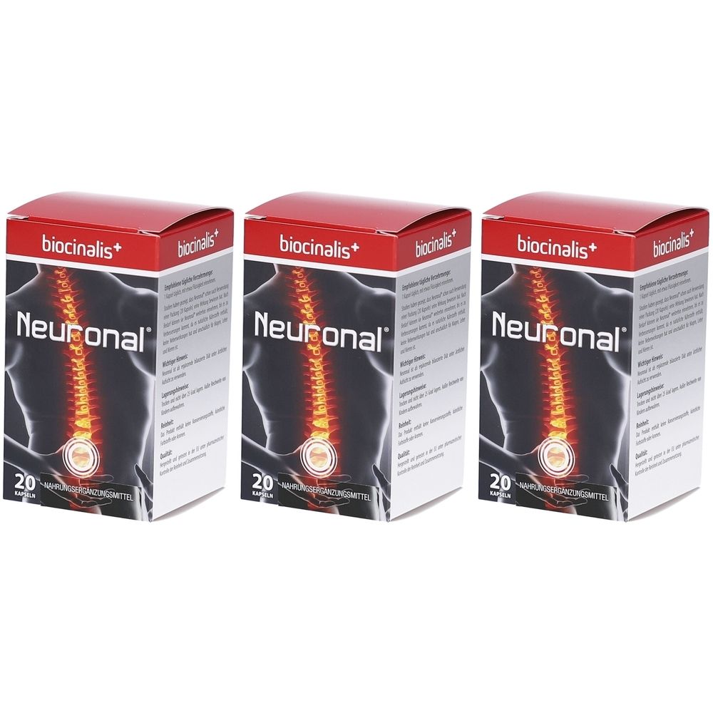 Drei Schachteln Biocinalis Neuronal. Rote Deckel, weiße Seiten. Aufdruck: Nervensystem-Abbildung, Produktname, 20 Kapseln.