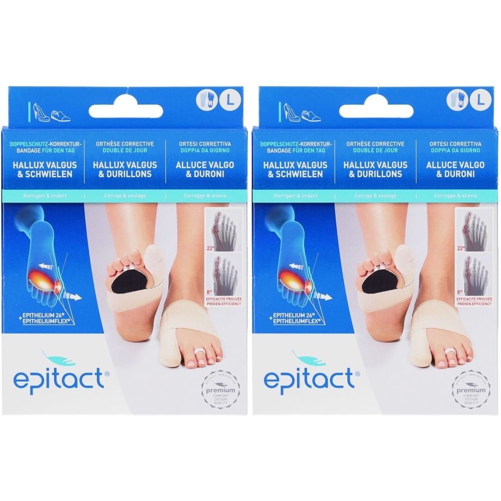 Zwei Packungen Epitact® Doppelschutz-Bandage. Auf jeder Packung ist ein Fuß mit Bandage abgebildet. Text: Hallux Valgus & Schwielen.