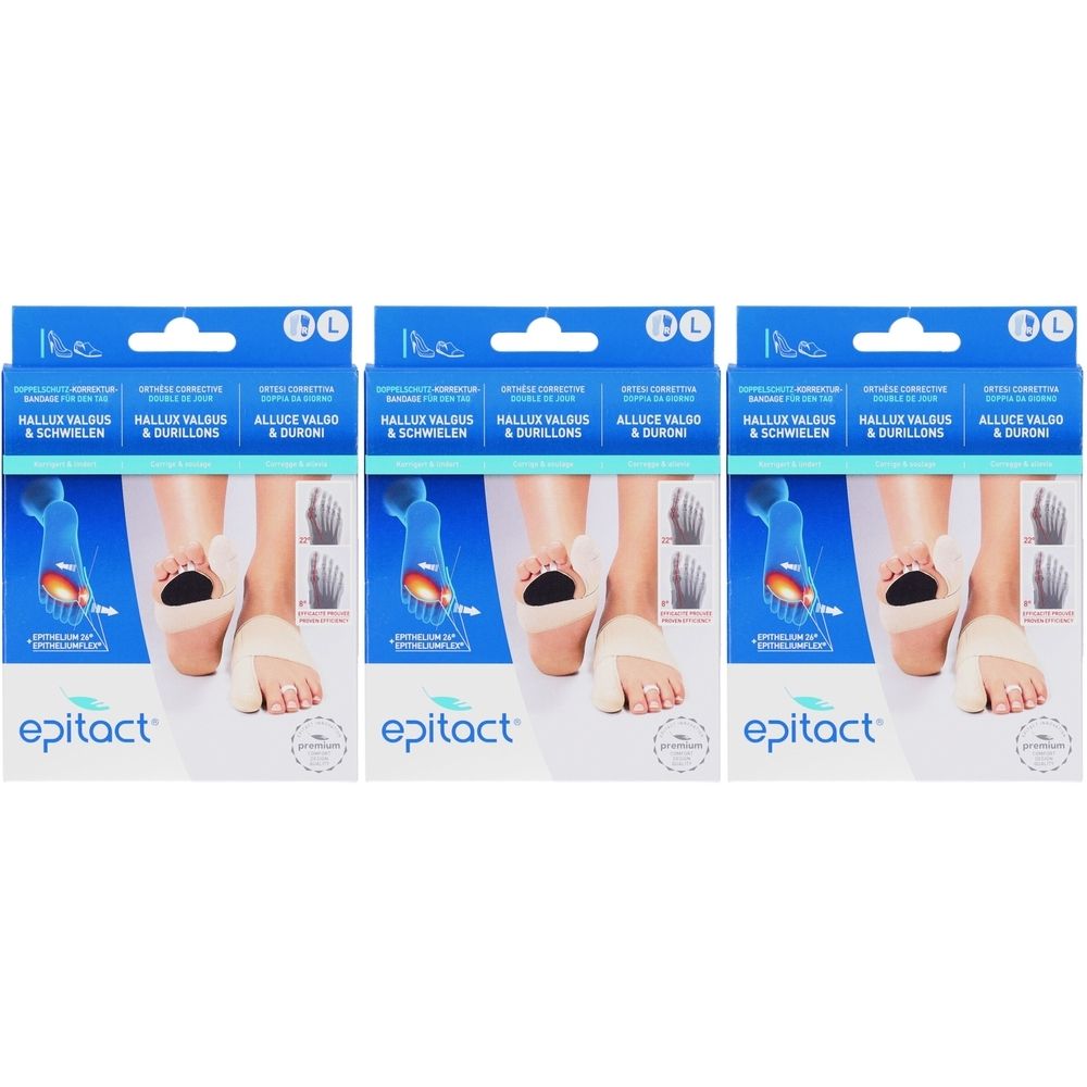 Drei Packungen Epitact Doppelschutz-Bandage L rechts. Blaue Verpackung mit Produktabbildung und Text. Logo Epitact unten links.