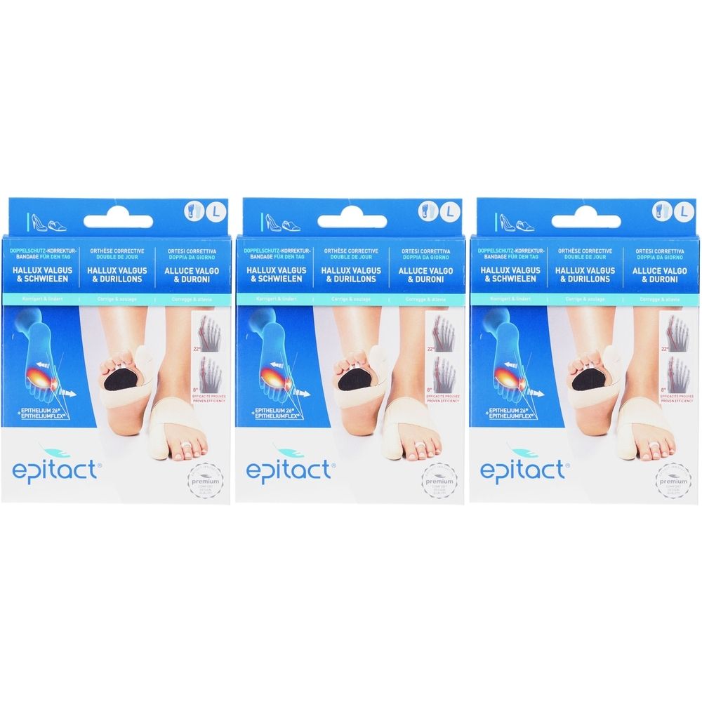 Trois boîtes Epitact®. Boîtes bleues avec image du produit et texte. Inscription : HALLUX VALGUS & SCHWELLEN, HALLUX VALGUS & DURILLONS, ALLUCE VALDO & DURONI.
