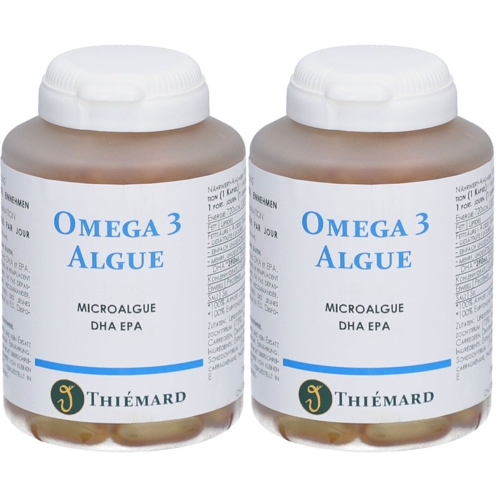 Deux flacons avec couvercles blancs. Inscription: Omega 3 Algue, Microalgue DHA EPA. Marque: THIÉMARD. Capsules brunes visibles.