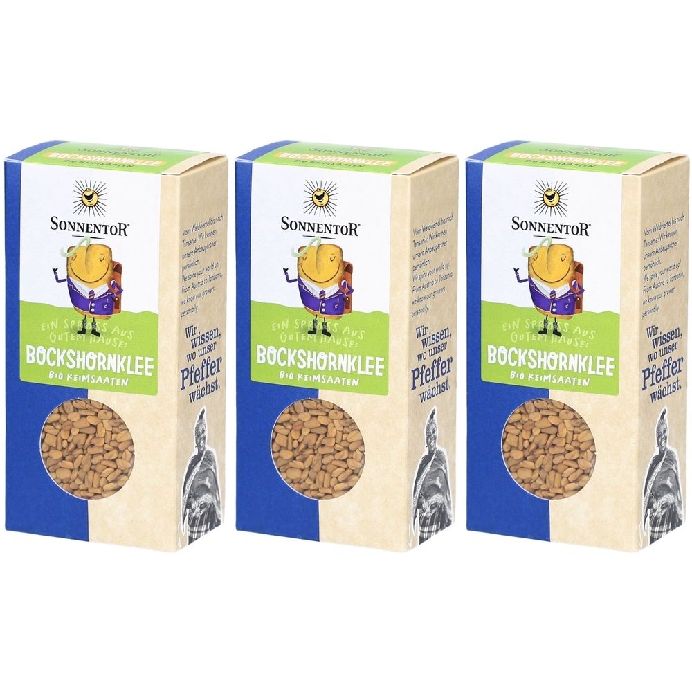 Trois boîtes de SONNENTOR Bockshornklee Bio. Emballage en carton avec design bleu et vert. Fenêtre transparente avec graines.
