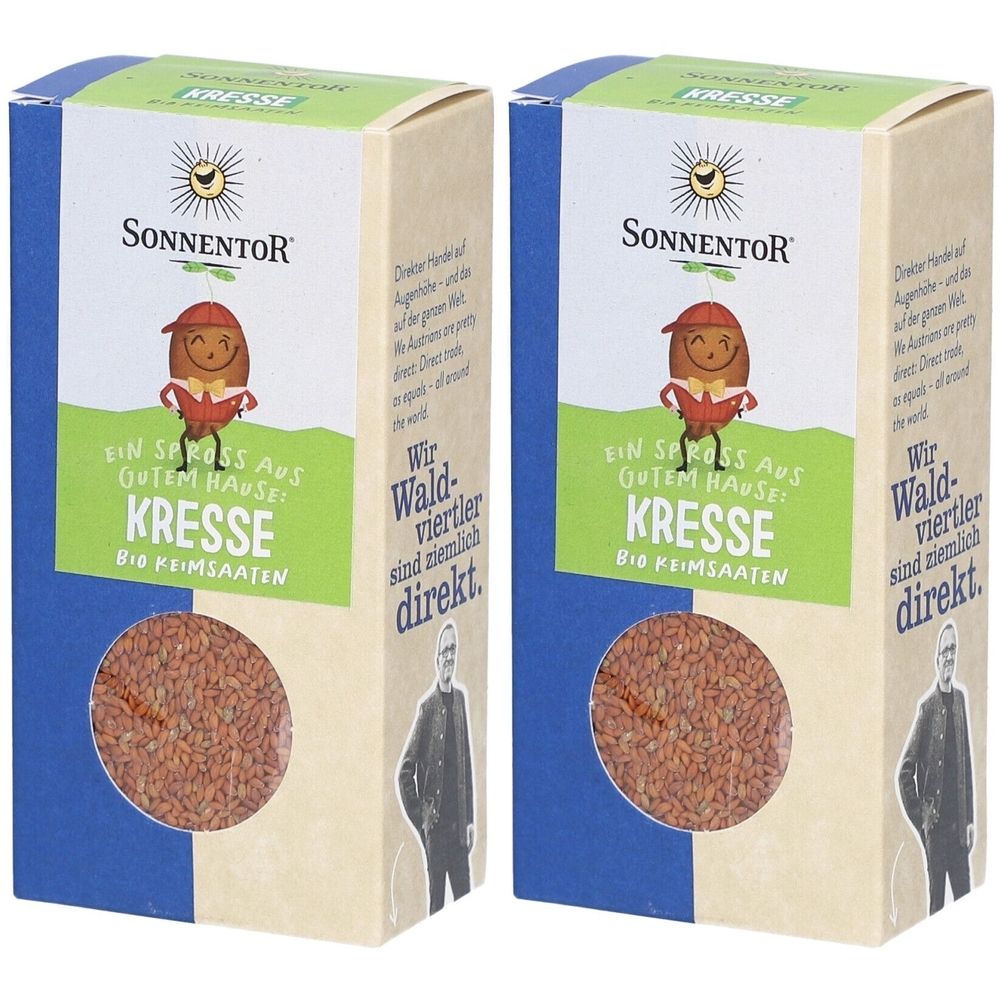 Deux boîtes rectangulaires de graines de cresson. Inscription : Sonnentor, Kresse, Bio-Keimsaaten. Illustration d'un personnage de pomme de terre.