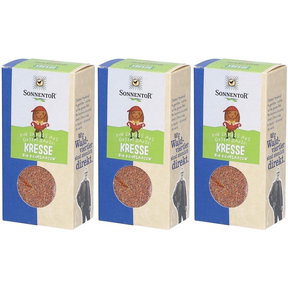 Trois boîtes rectangulaires de graines de cresson. Inscription : Sonnentor, Kresse bio. Fenêtre avec graines. Illustration d'un personnage.