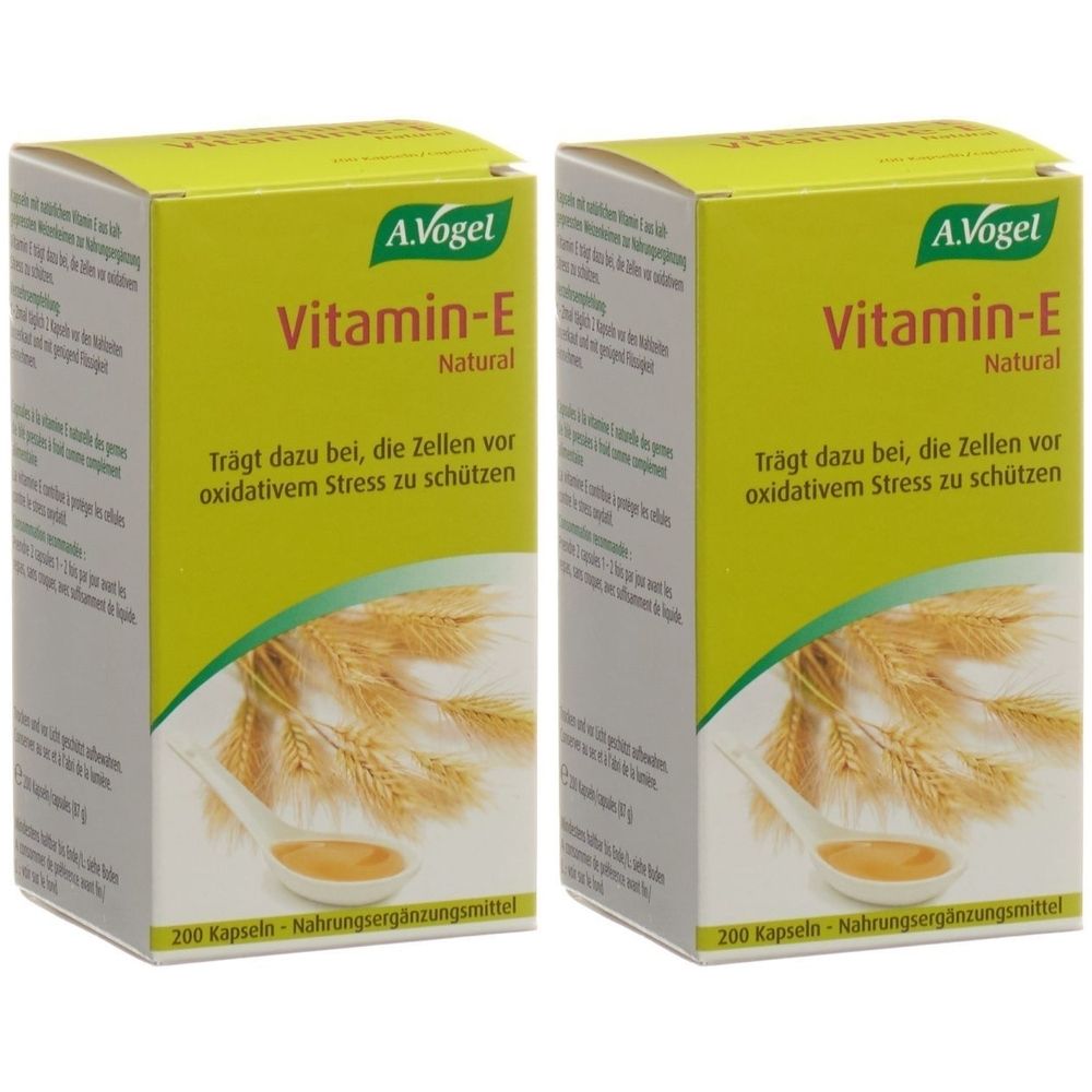 Deux boîtes de A. Vogel Vitamine E. Emballage jaune avec nom et texte du produit. Illustration de céréales et de liquide.