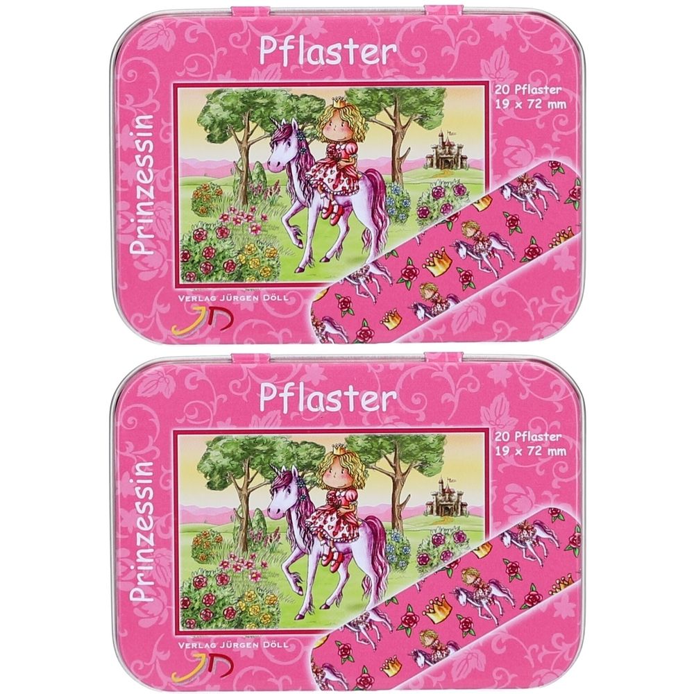 Deux boîtes roses de pansements avec motif princesse. Inscription : Pflaster, Prinzessin, 20 pansements, 19 x 72 mm. Marque : Döll.