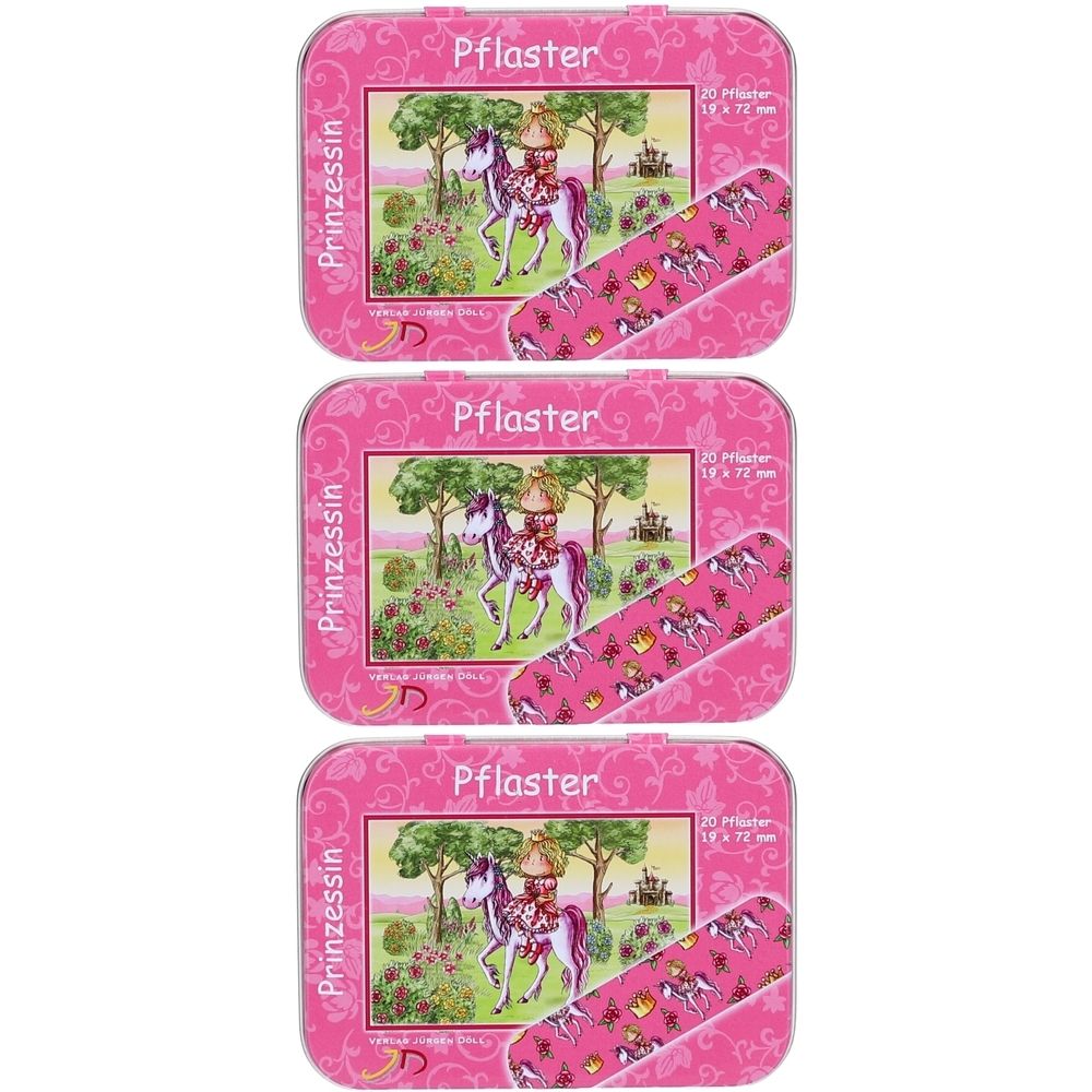 Trois boîtes roses de pansements avec un motif de princesse. Chaque boîte porte l'inscription "Pflaster" et "Prinzessin". 20 pansements par boîte.