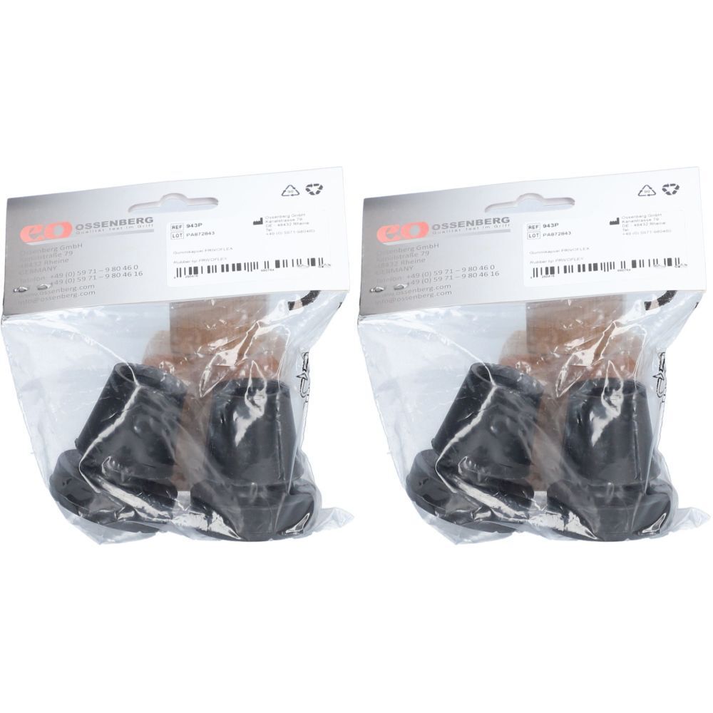 Zwei Packungen mit schwarzen Krückenkapseln. Jede Packung enthält zwei Kapseln und ist in Folie verpackt. OSSENBERG-Logo.