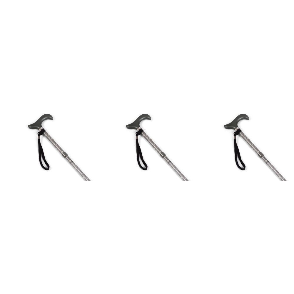 Drei Gehstöcke mit schwarzer Handschlaufe und grauem Griff. Teleskopierbar.