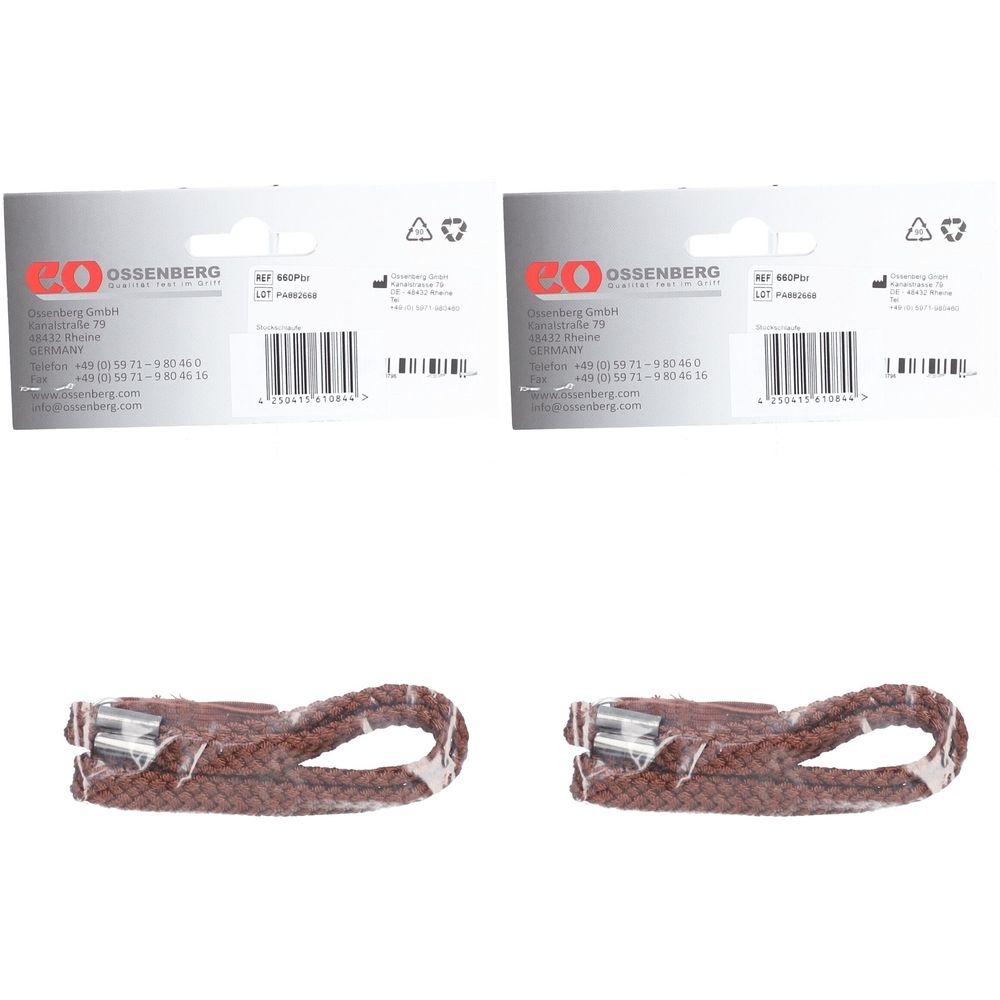 Deux boucles de bâton OSSENBERG marron avec élastique, emballées. L'emballage porte le nom OSSENBERG et d'autres informations.
