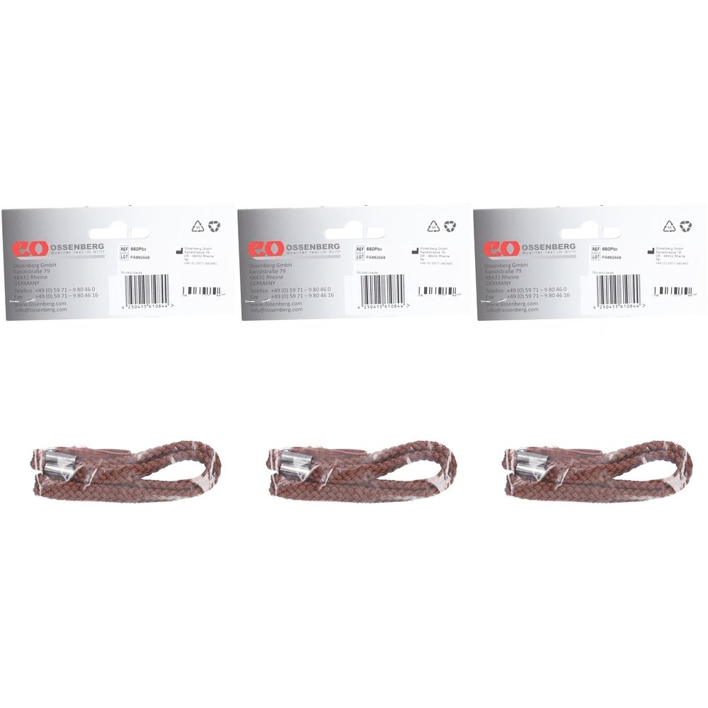 Trois dragonnes marron avec élastique. En haut, trois emballages de produits avec logo et code-barres.