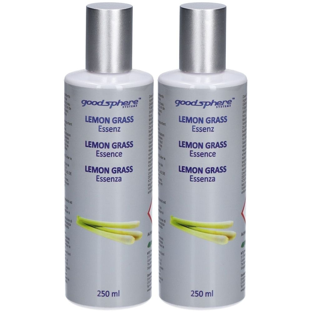 Deux flacons avec bouchons argentés. Inscription: Goodsphere Lemon Grass Essenz. Illustration de citronnelle. Volume: 250 ml.