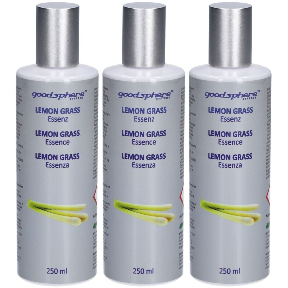 Trois flacons avec bouchon argenté. Inscription: Lemon Grass Essenz. En dessous, une image de citronnelle. 250 ml.