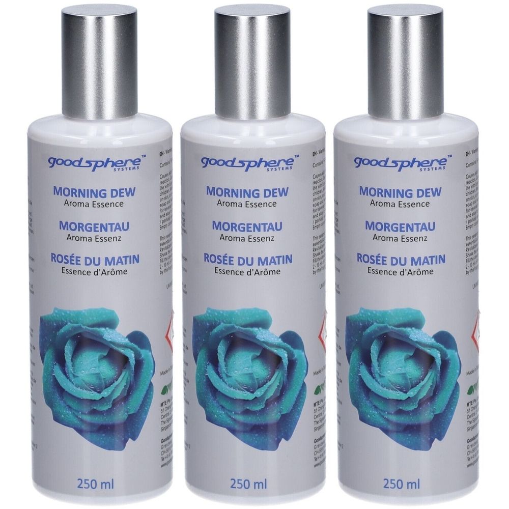 Trois flacons avec bouchons argentés. Inscription: Morning Dew Aroma Essence, Rosée du Matin. Contenance: 250 ml.