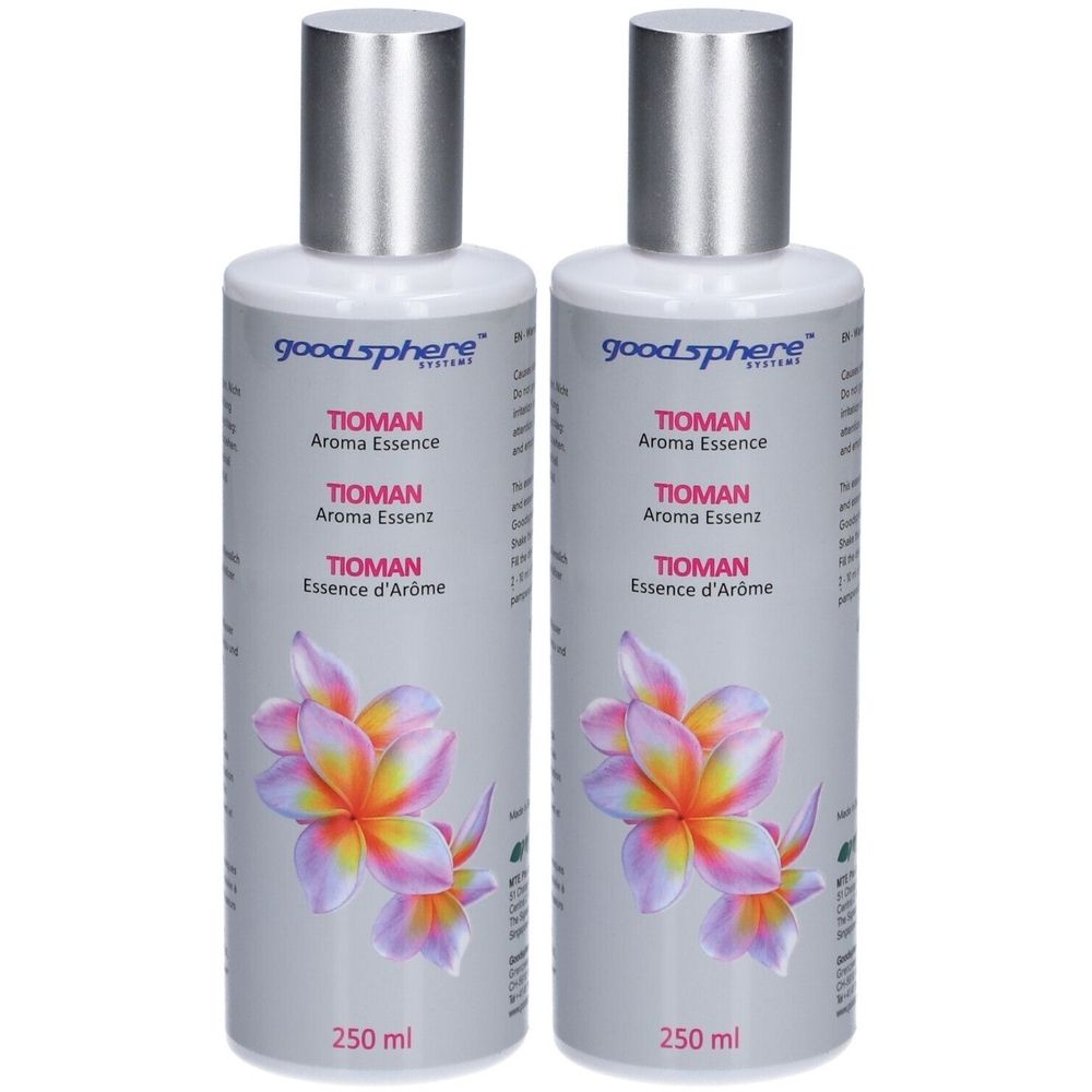 Deux flacons Goodsphere TIOMAN Aroma Essence. Flacons gris avec bouchons argentés et motif floral. 250 ml.